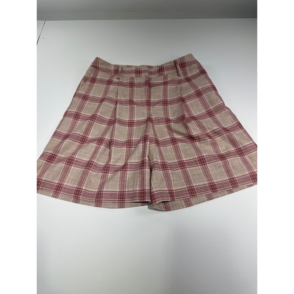 Worthington Women 8P Pink Ivory Brown Plaid Pleated High Waist Shorts NWT